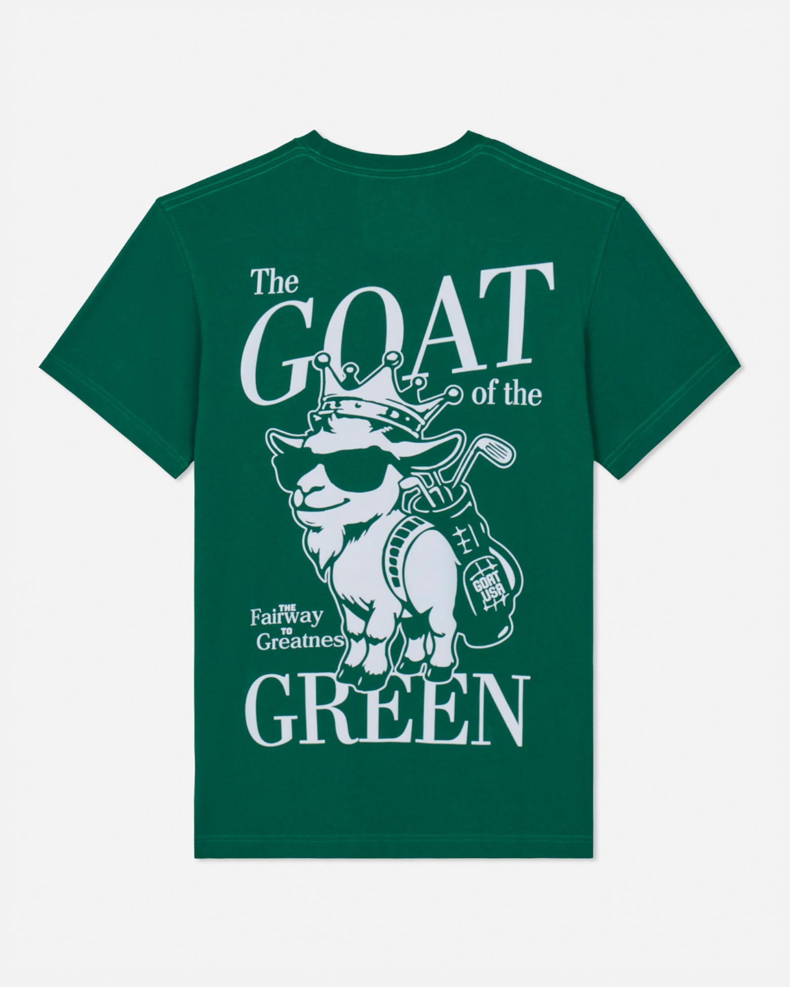 Green t-shirt with white graphic and text on a white background