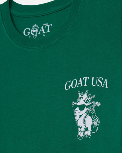 Green t-shirt with 'GOAT USA' logo and graphic on a white background