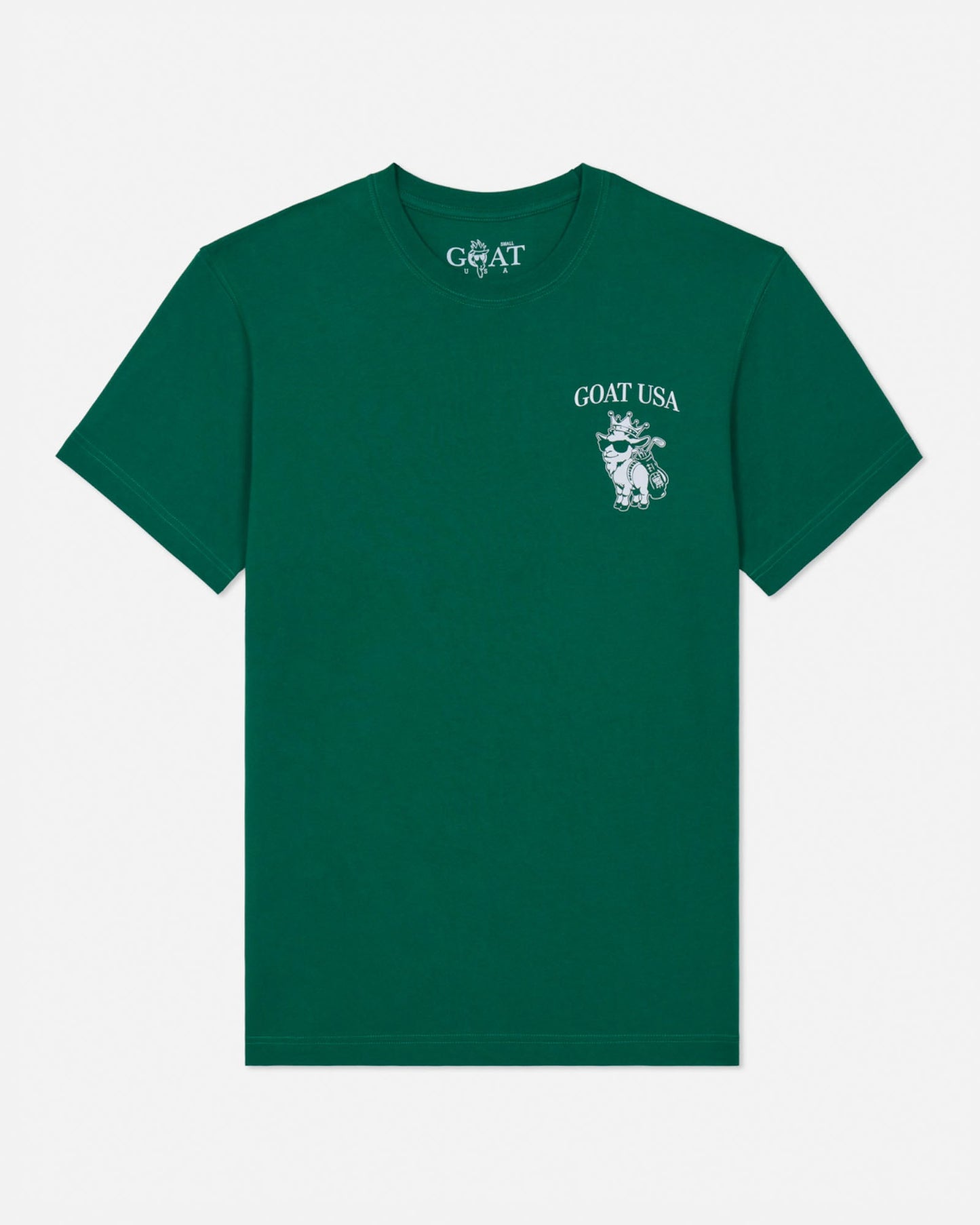Green t-shirt with 'GOAT USA' logo on a white background