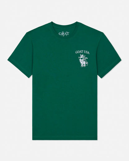Green t-shirt with 'GOAT USA' logo on a white background