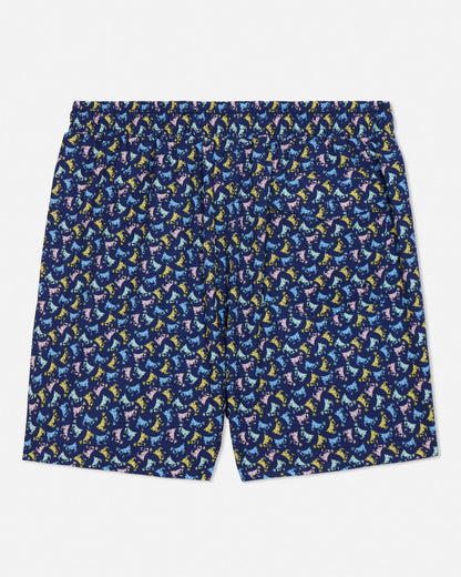 Navy shorts with colorful goat pattern on a light gray background