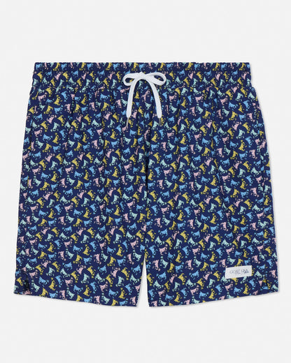 Navy swim shorts with colorful goat pattern on a light gray background