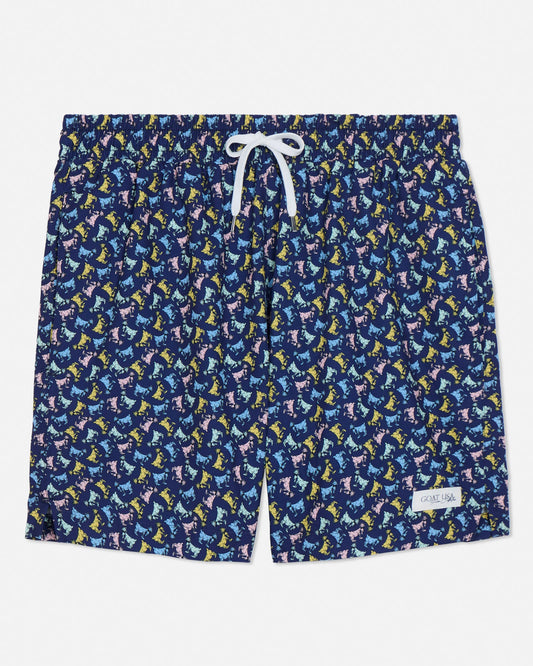 Navy swim shorts with colorful goat pattern on a light gray background