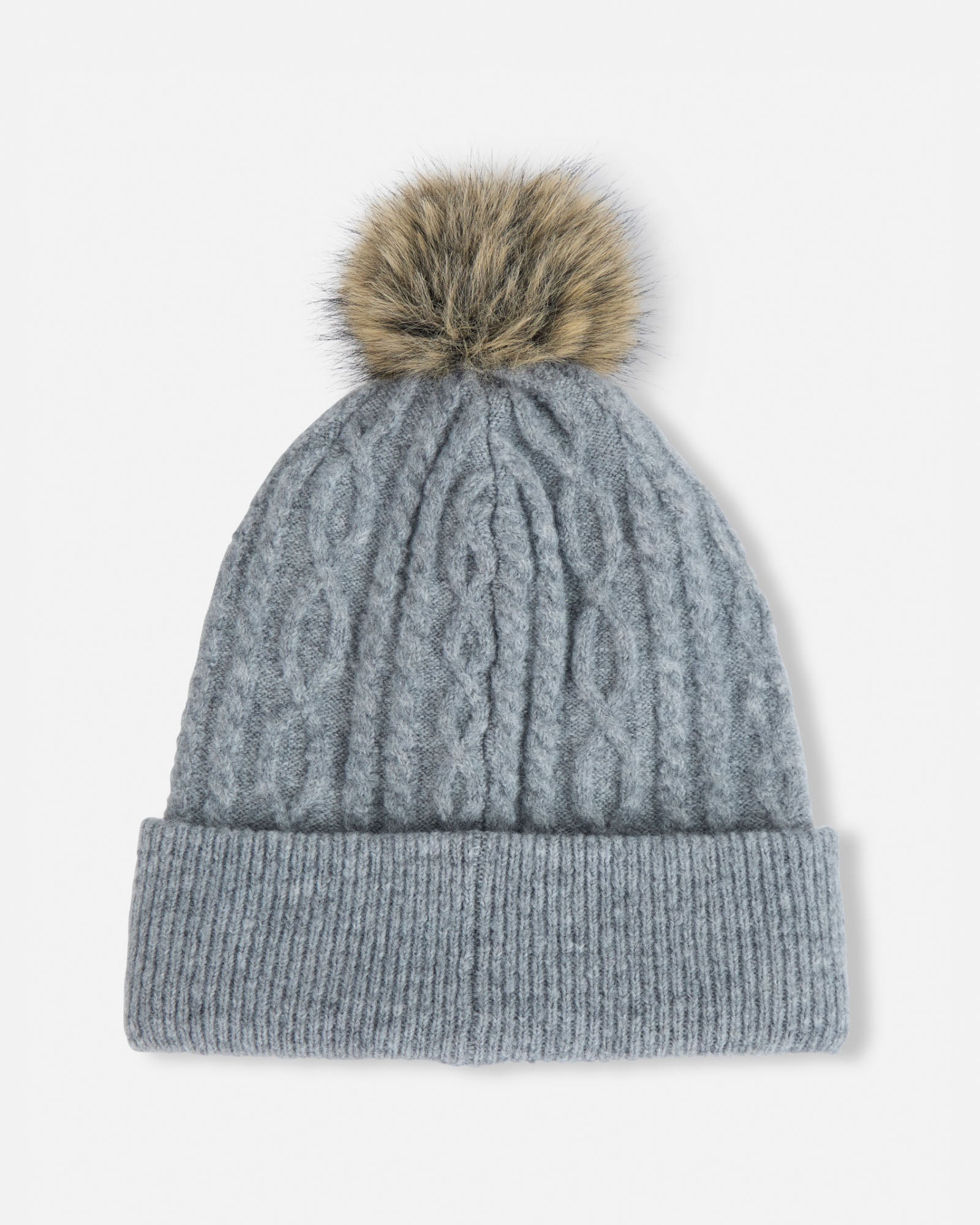 Gray knit beanie with a fur pom-pom on a light gray background