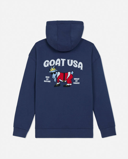 Navy blue hoodie with 'GOAT USA' graphic on the back against a white background