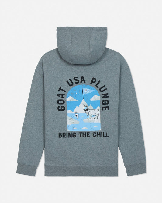 Gray hoodie with graphic design on the back against a light gray background