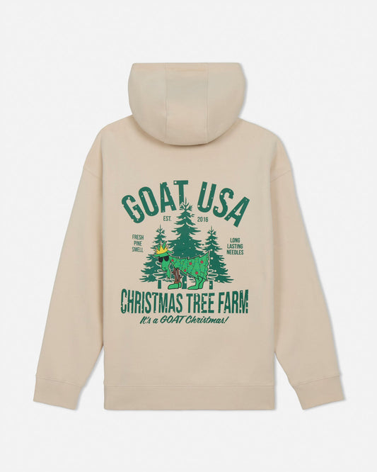 Beige hoodie with green graphic and text on a white background