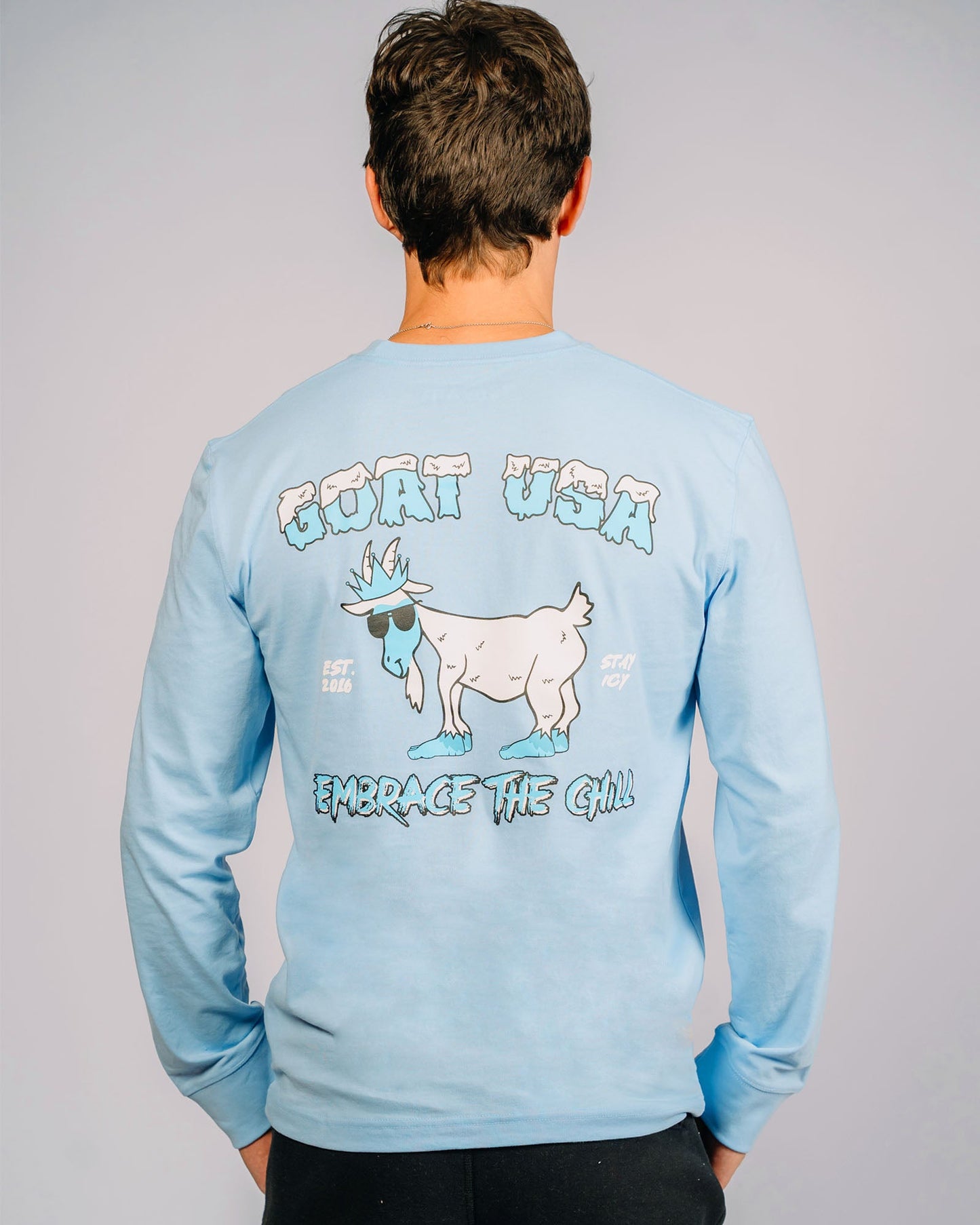 Back of yeti goat long sleeve tee on model