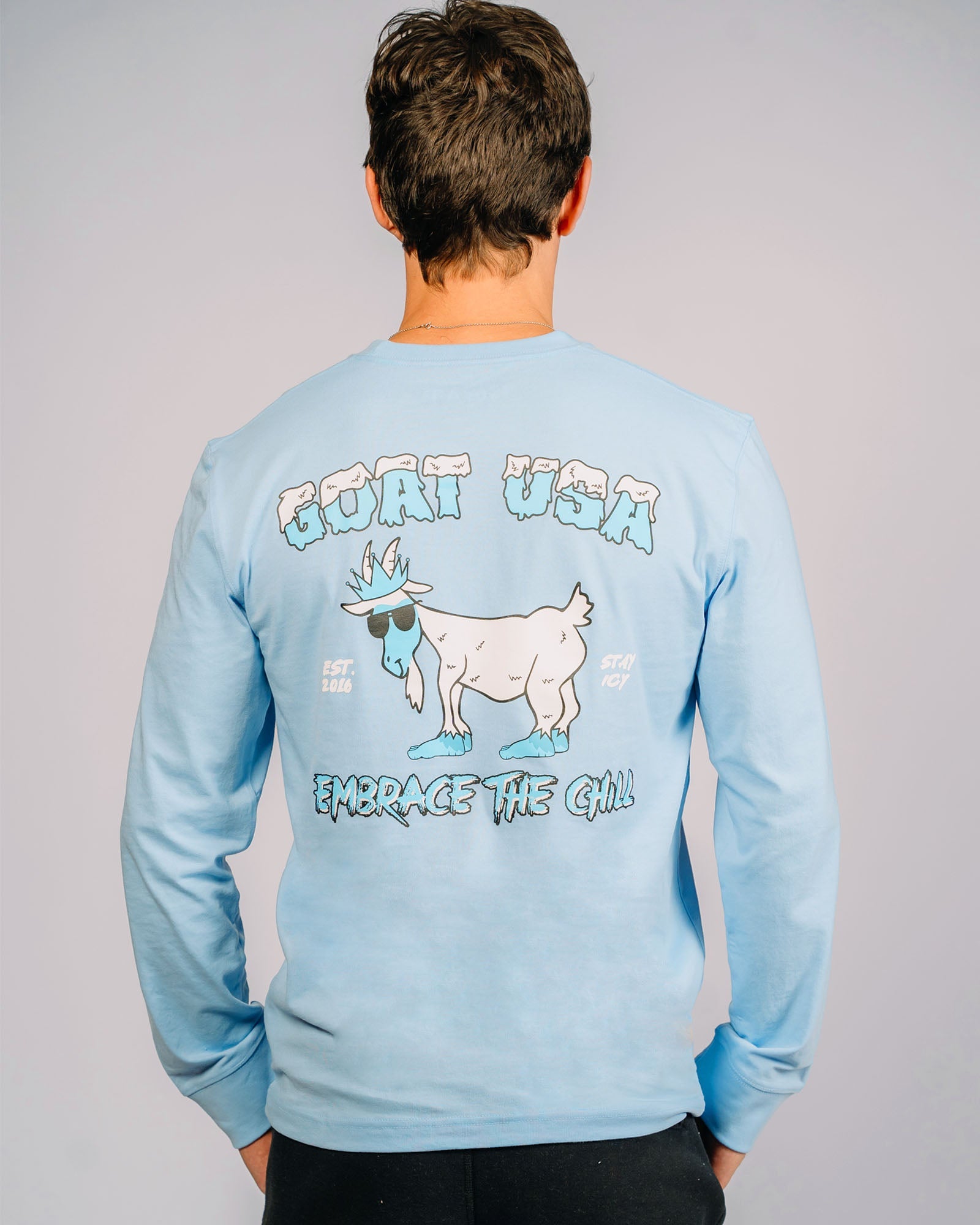 Back of yeti goat long sleeve tee on model
