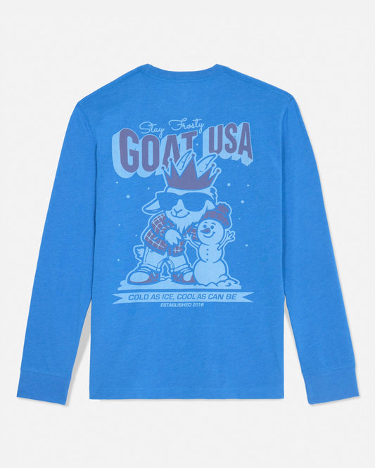 Blue long-sleeve shirt with graphic design on the back against a light gray background
