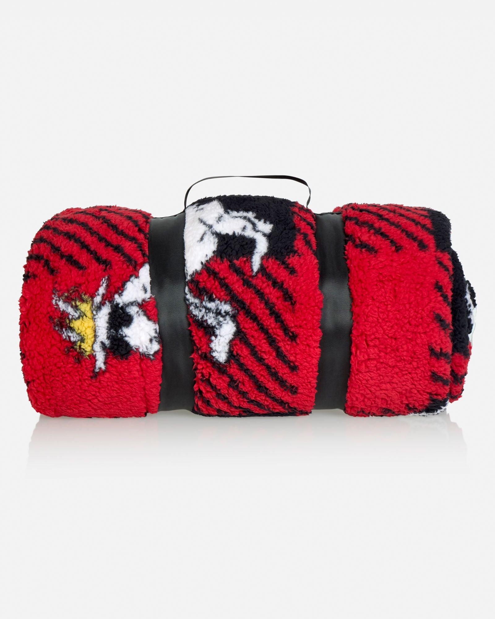Red and black patterned blanket with cartoon characters on a white background