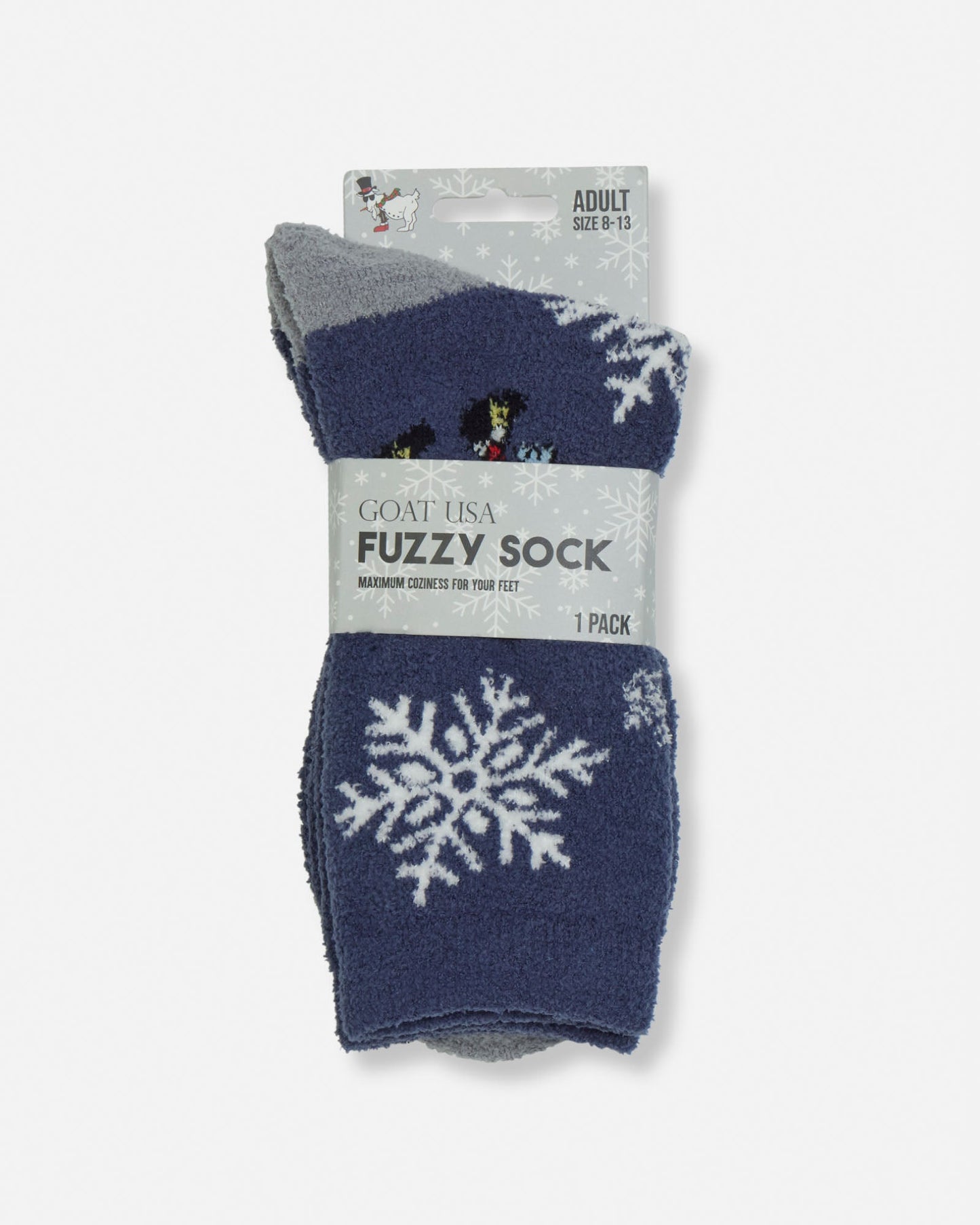 Pair of fuzzy socks with snowflake design on a white background