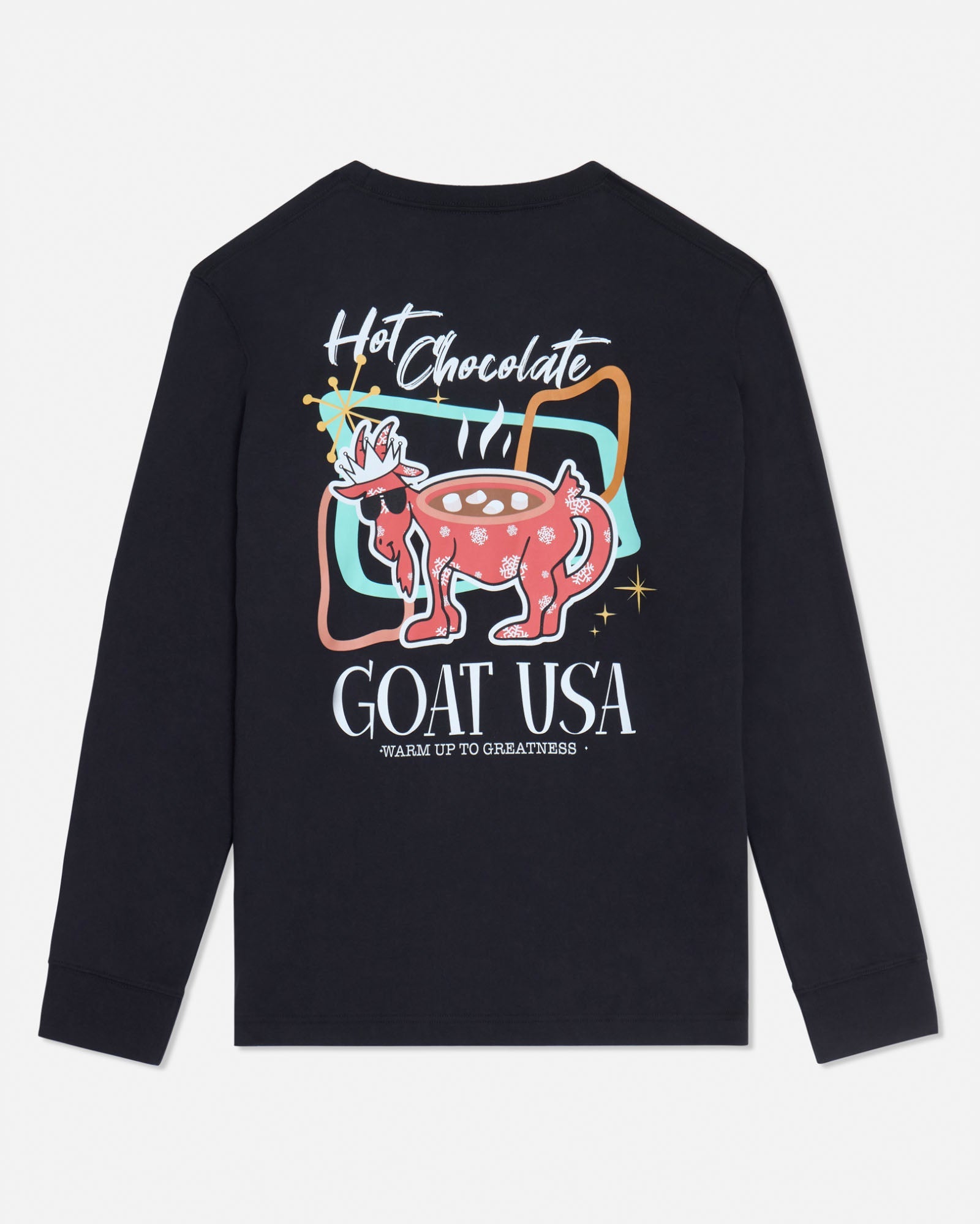 Black long-sleeve shirt with colorful graphic design on a light gray background