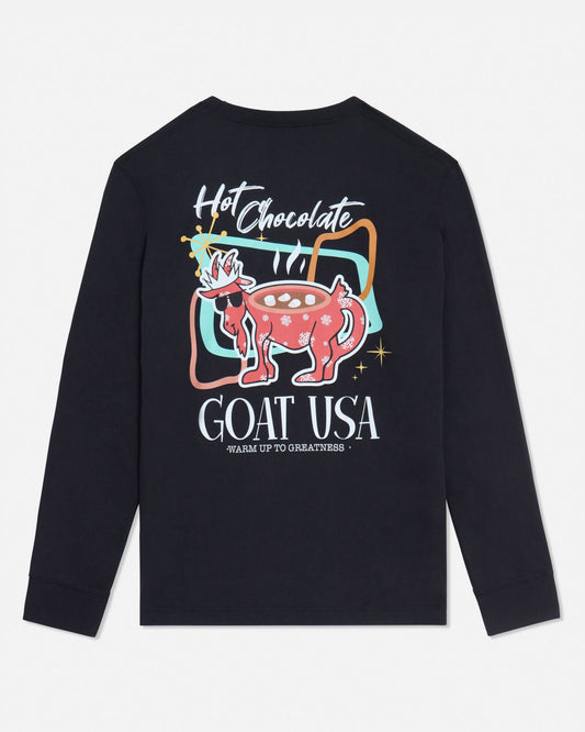 Black long-sleeve shirt with colorful graphic design on a light gray background