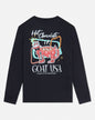 Black long-sleeve shirt with colorful graphic design on a light gray background