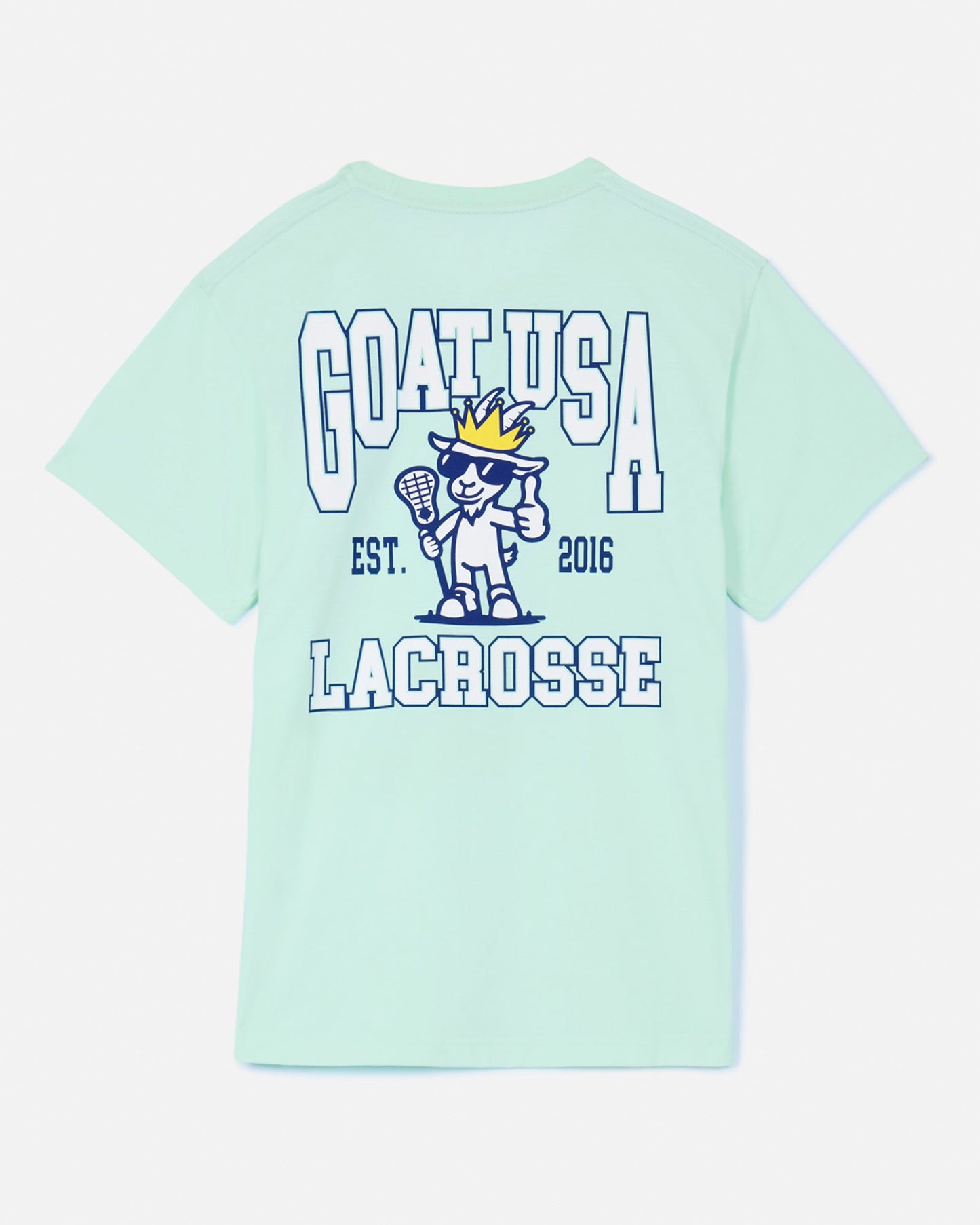 Back of mint t-shirt with thumbs up lacrosse goat graphic