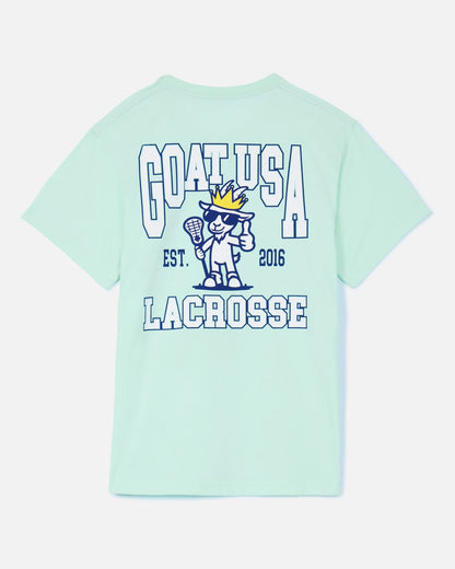 Back of mint t-shirt with thumbs up lacrosse goat graphic