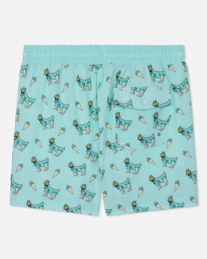 Mint swim shorts with goat and ice cream pattern on a white background