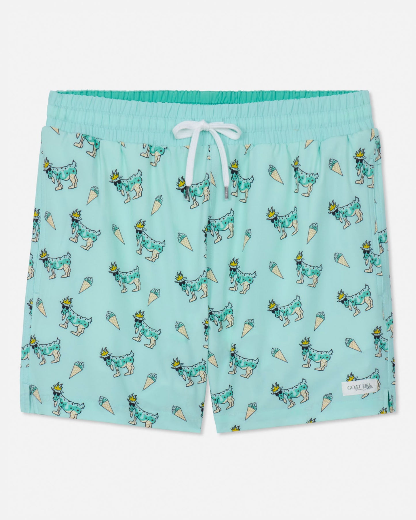 Mint swim shorts with goat and ice cream pattern on a white background