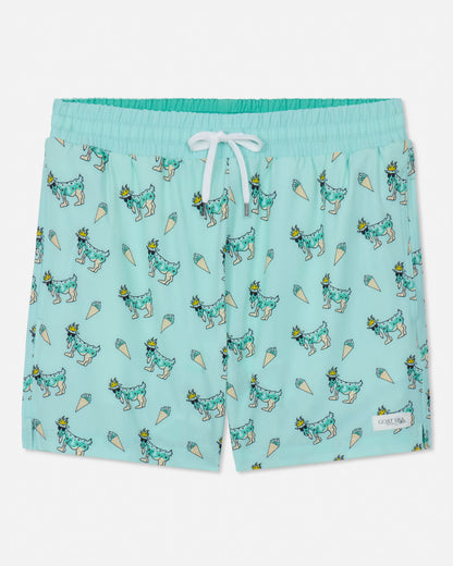 Mint swim shorts with goat and ice cream pattern on a white background