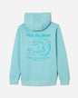 Back of aqua sky hooded sweatshirt with surfing Chuck the GOAT graphic