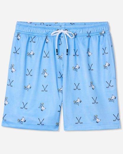 Front of blue mesh shorts with hockey goat print