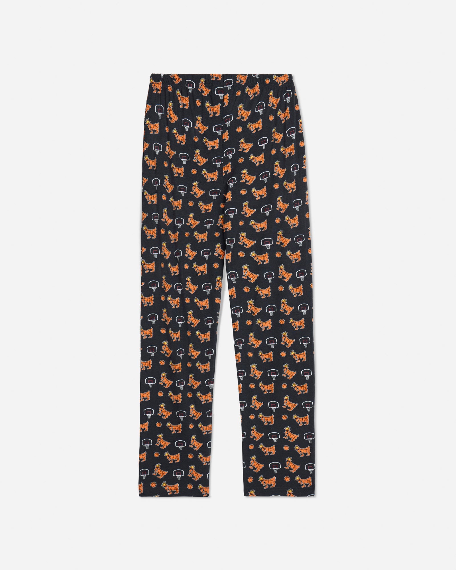 Back of black basketball-themed pajama pants