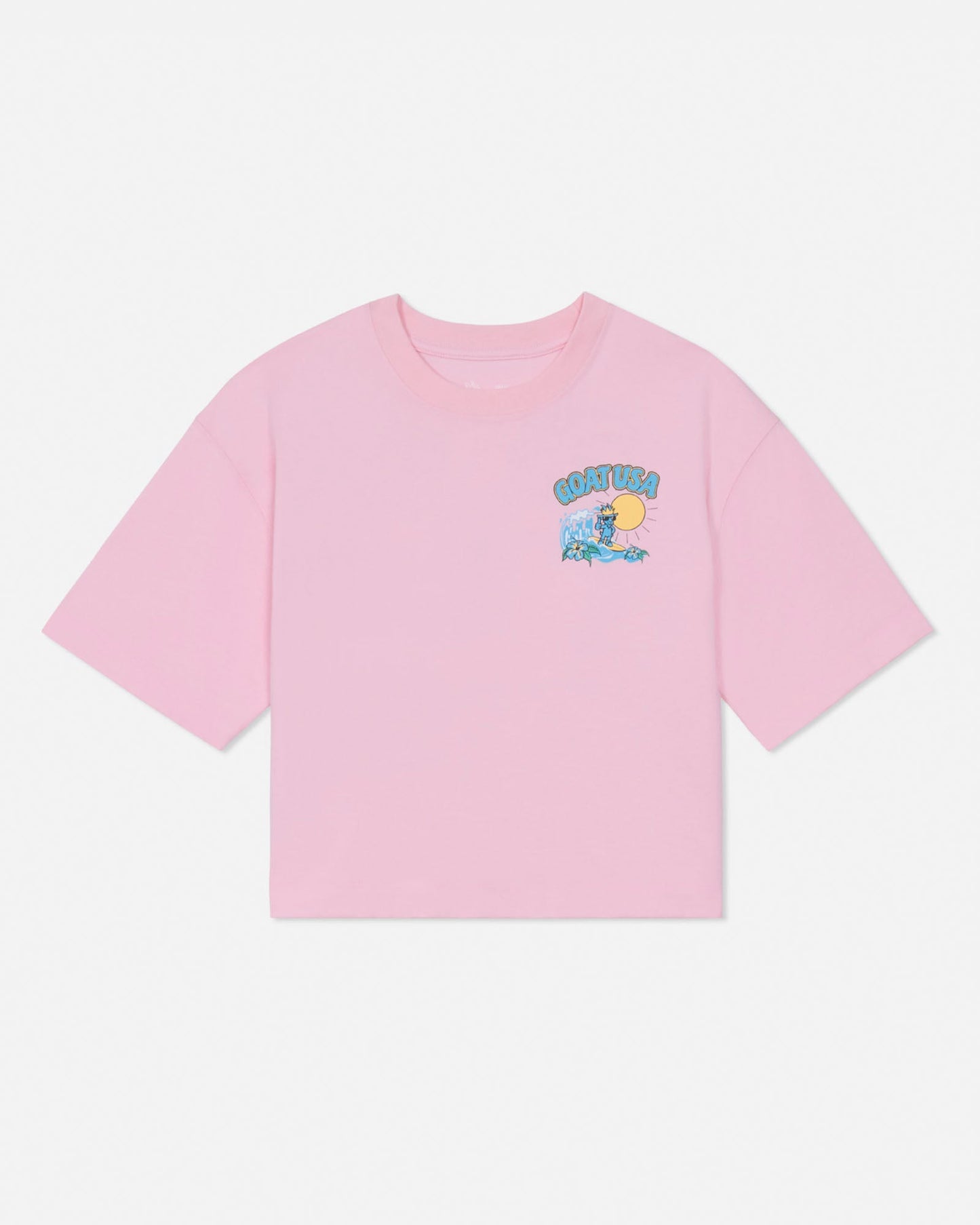 Pink t-shirt with a graphic design on a light gray background