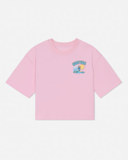 Pink t-shirt with a graphic design on a light gray background