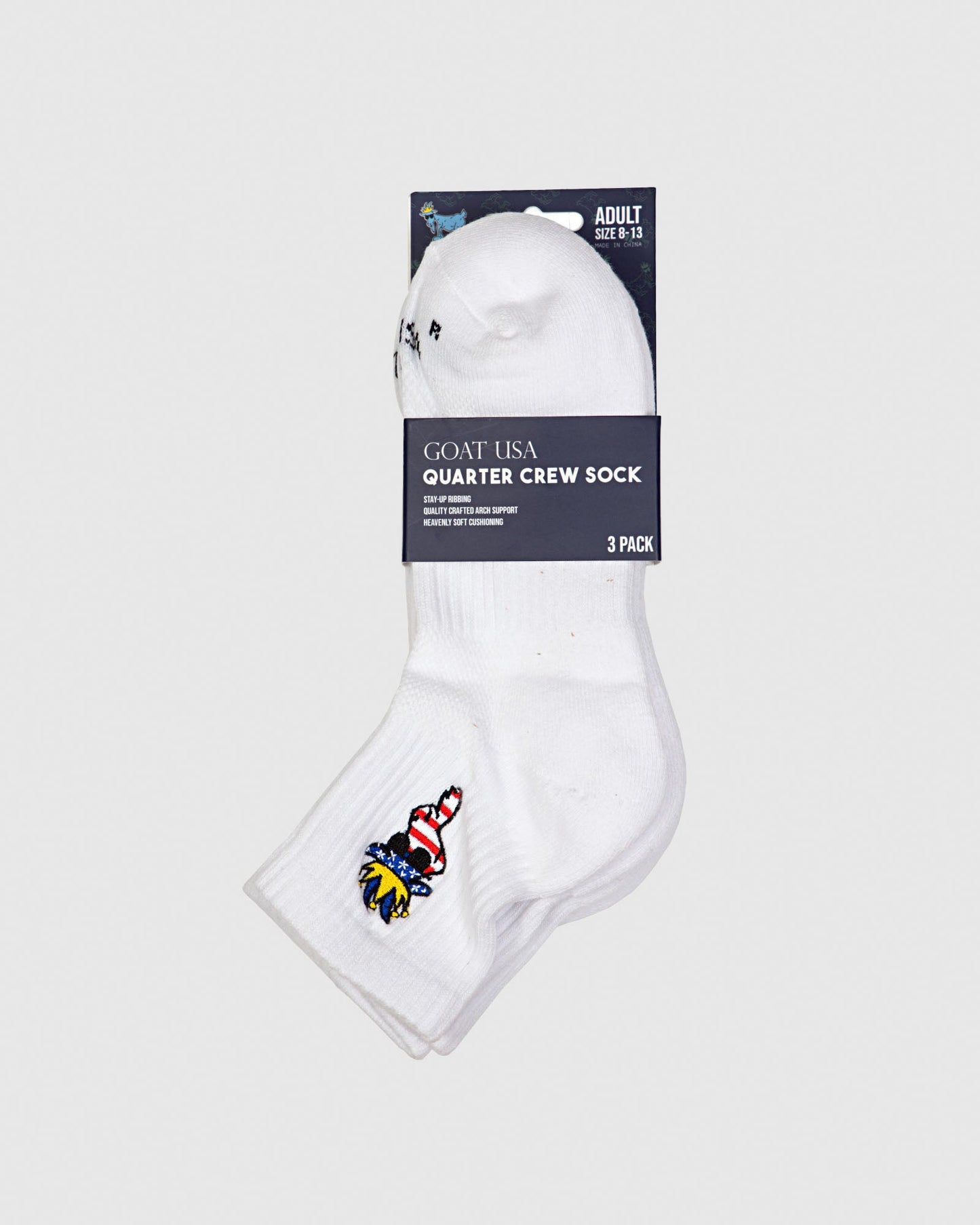 White ankle socks with American flag goat in packaging