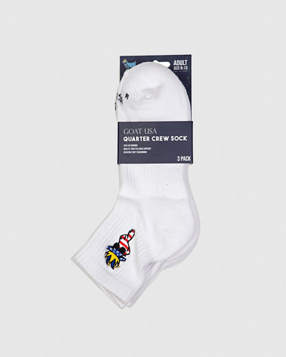 White ankle socks with American flag goat in packaging