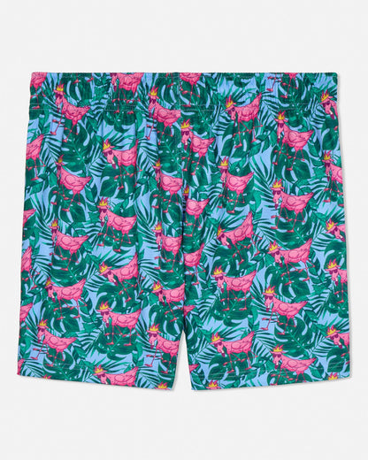 Tropical patterned shorts with pink flamingo goats on a white background