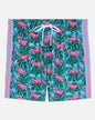 Tropical patterned shorts with pink flamingo design on a white background