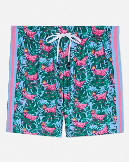 Tropical patterned shorts with pink flamingo design on a white background