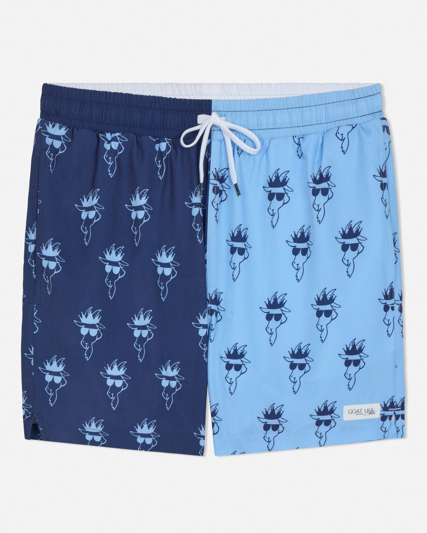 Pair of blue swim shorts with goat wearing sunglasses pattern on a white background