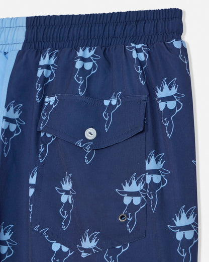 Navy blue swim shorts with graphic design on a white background