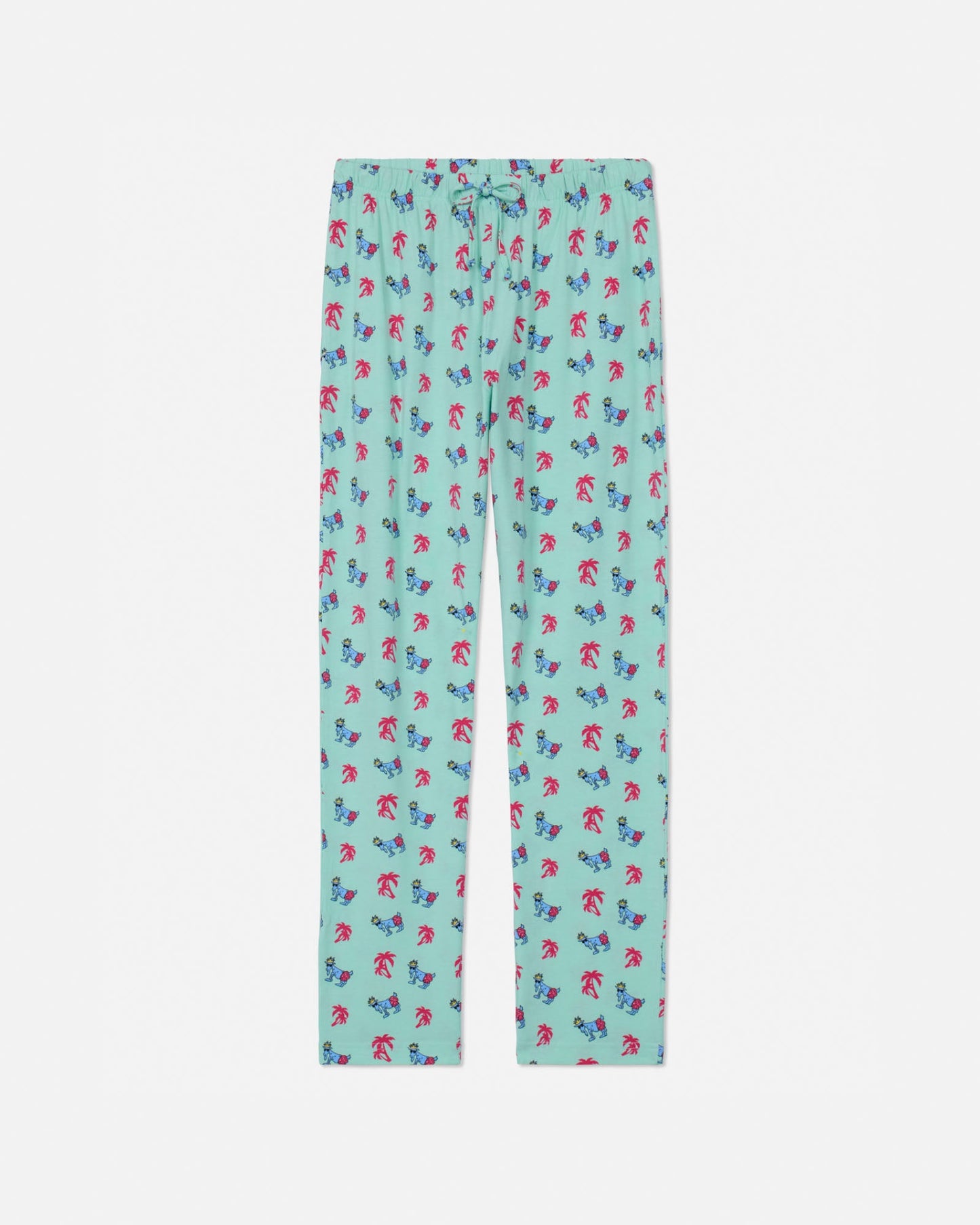 Palm tree-patterned pajama pants on a white background