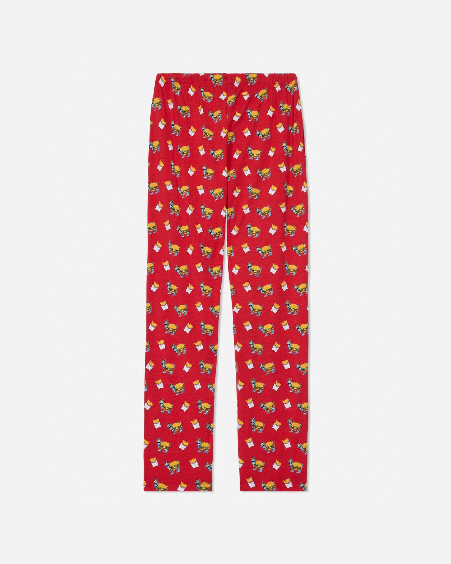 Red pants with burger & fries pattern on a white background