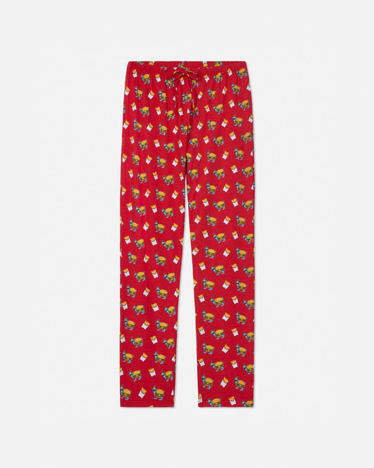 Red pajama pants with burger & fries pattern on a white background