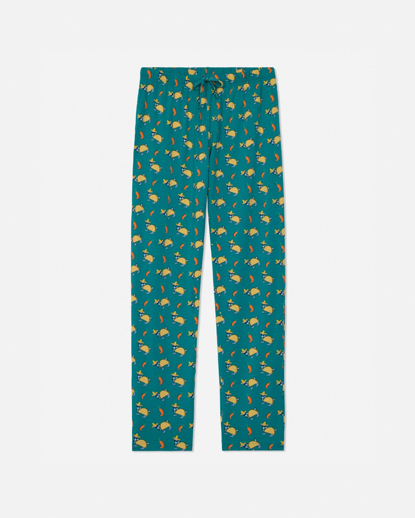 Teal pajama pants with taco pattern on a white background