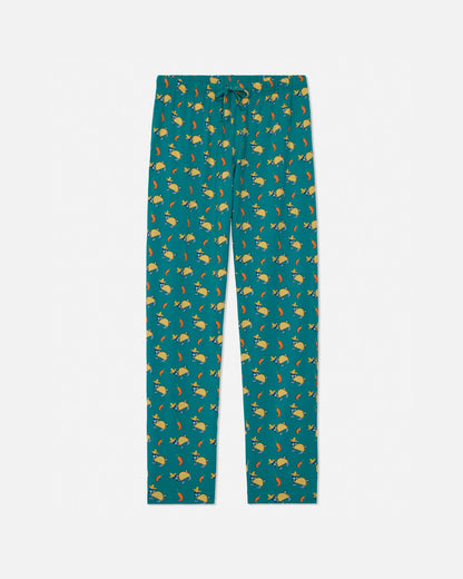 Teal pajama pants with taco pattern on a white background