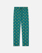 Teal pajama pants with taco pattern on a white background