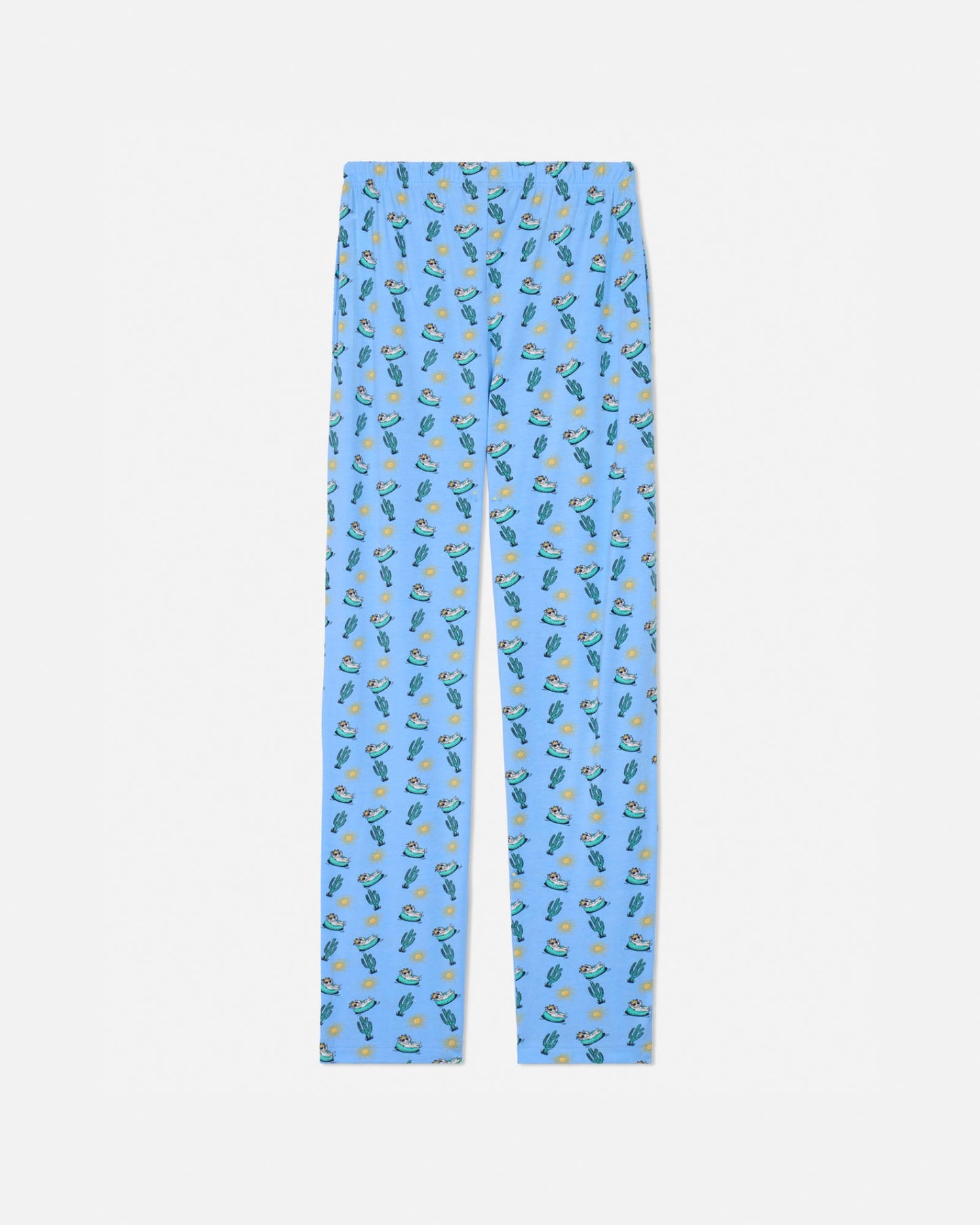 Carolina blue pajama pants with a pattern of small green plants on a white background