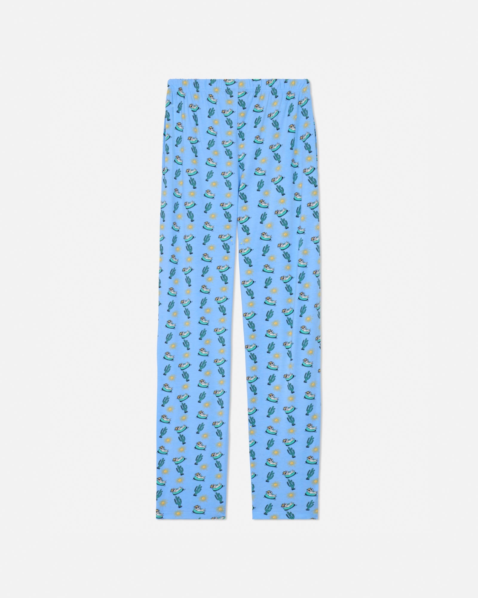 Carolina blue pajama pants with a pattern of small green plants on a white background