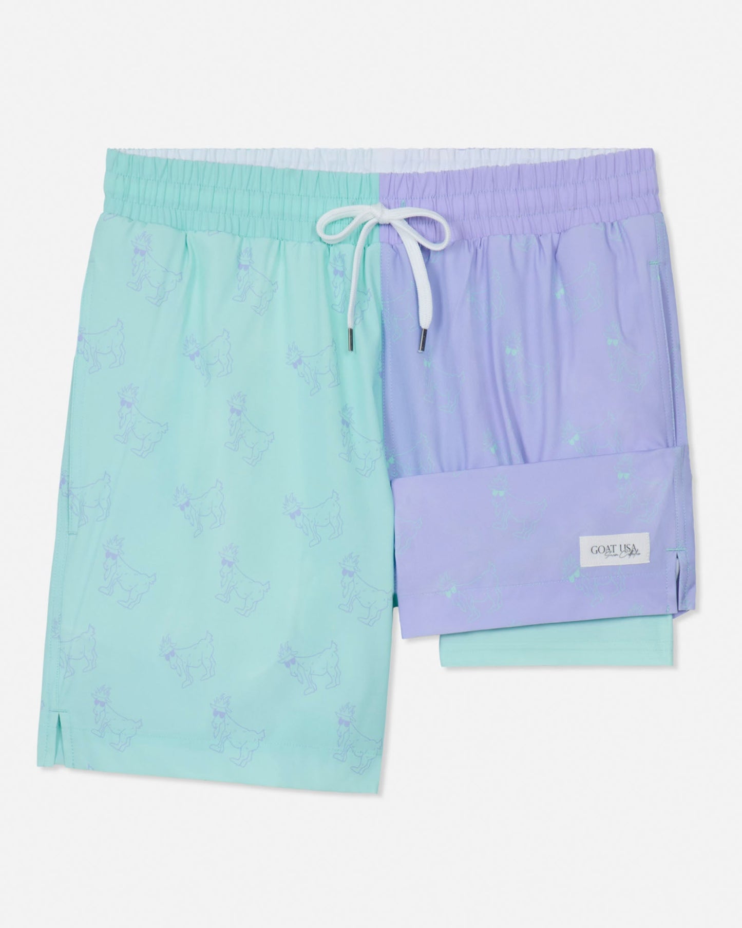 Two-tone mint and periwinkle bathing suit on a white background.