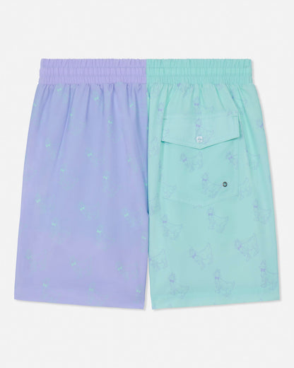 Two-tone mint and periwinkle bathing suit on a white background