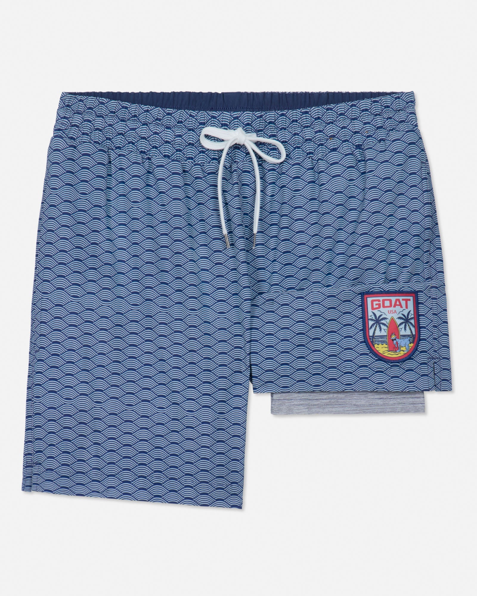 Blue patterned shorts with a logo on a white background
