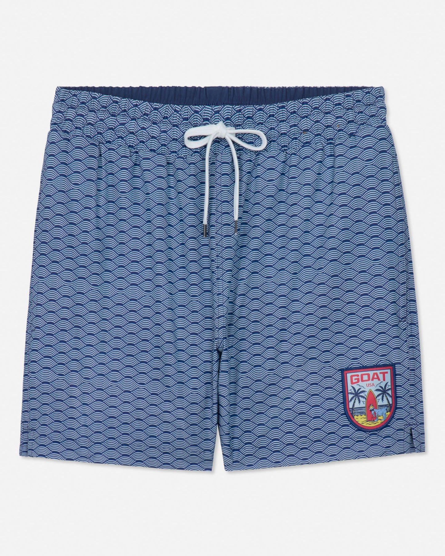 Blue patterned shorts with a logo on a white background