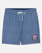 Blue patterned shorts with a logo on a white background