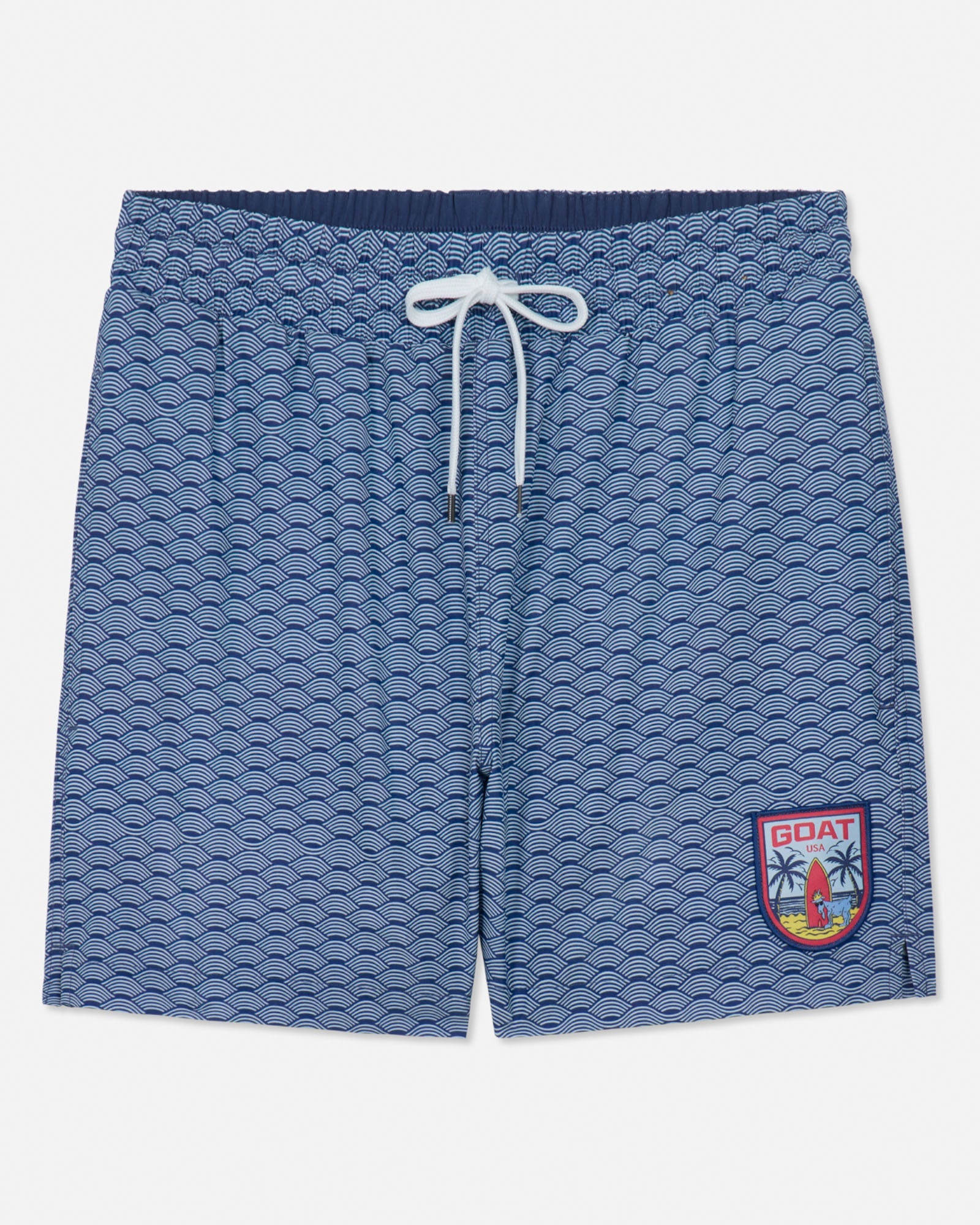 Blue patterned shorts with a logo on a white background